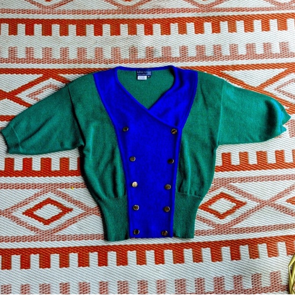 Kathryn Conover Sweater Top Puff Sleeves 80s Vintage Green Blue Women’s Size M - Picture 1 of 15